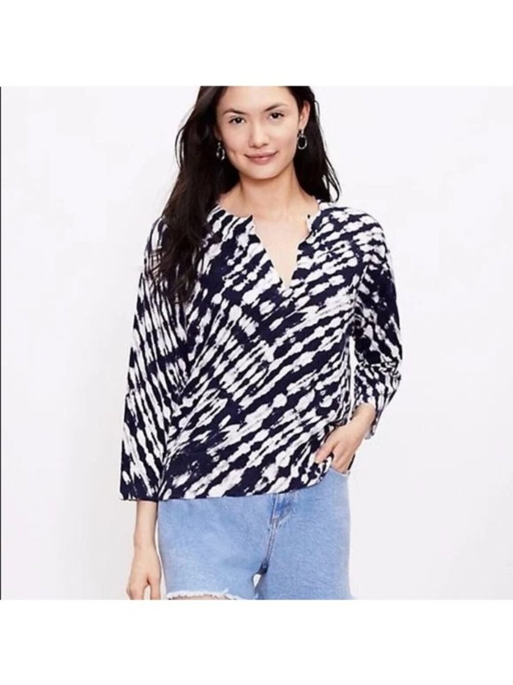 LOFT Sweater Large Tie Dye Split Neck Pullover Sweater Dropped Shoulders Cotton